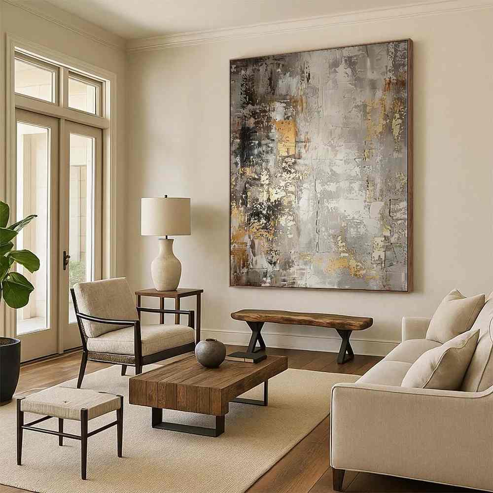 Gold Handmade Original Leaf Industrial Abstract Canvas Artwork KH07Y